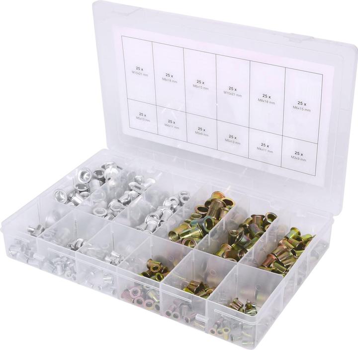 KS Tools Sortiment Gewindenieten, Stahl und Aluminium, M3x9mm-M10x21mm, 300-tlg