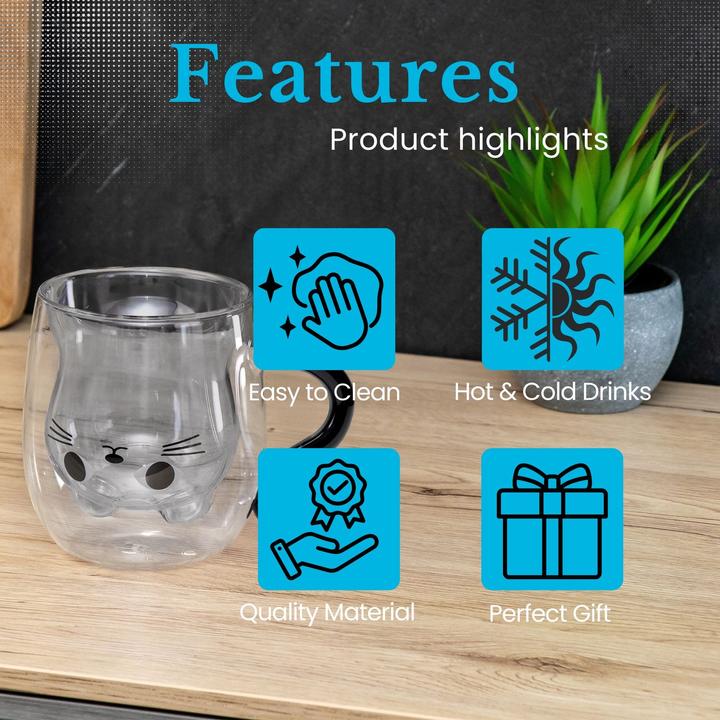 Actual product image Intirilife Doppelwandiges Thermo Glas Set Design Katze (0.20 l, 2x)