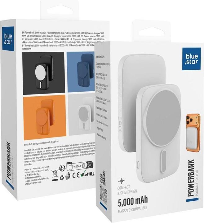 Produktbild Power bank Blue Star Powerbank compatible with MagSafe Blue Star Slim DG-P8 15W 5000 mAh biały (5000 mAh, 15 W, 19.25 Wh)