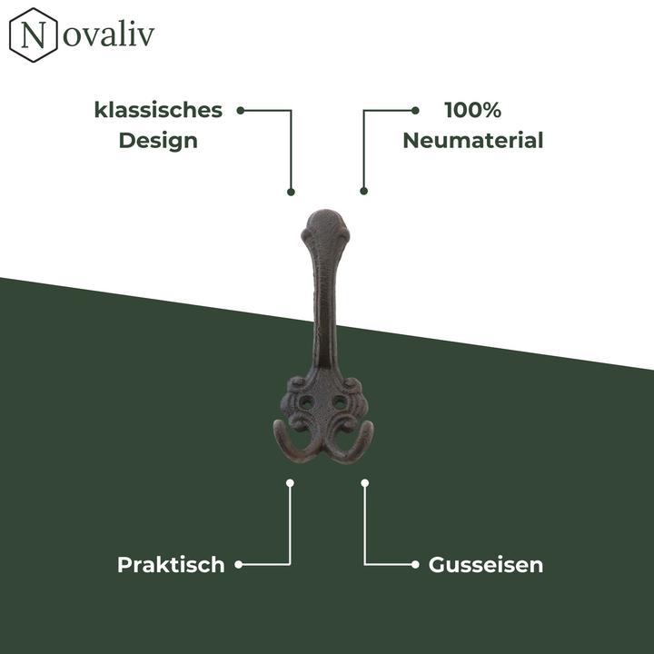 Produktbild Novaliv Gusseiserne Wandhaken Garderobenhaken 14x6x7 cm einfache Montage stabil sicher ideal für Wan