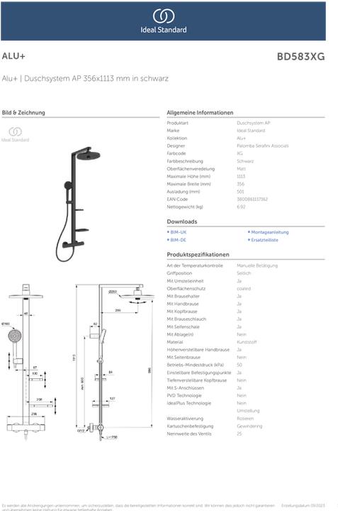 Produktbild Ideal Standard Duschsystem Alu+: Ceratherm Brausethermostat 2 Ablagen, 2F-Handbrause, 2F-Kopfbrause