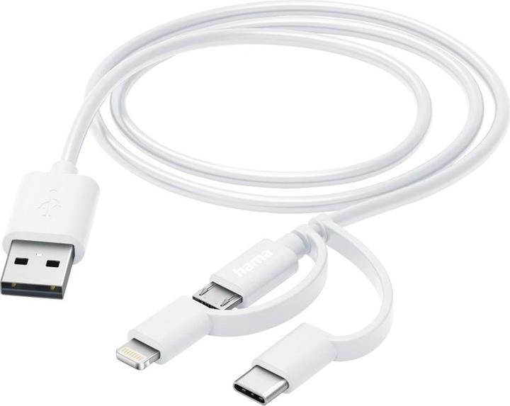 Productafbeelding Hama 3in1 Multi-oplaadkabel, USB-A - Micro-USB, USB-C en Lightning, 1,0 m, Wit (1 m, USB 2.0)