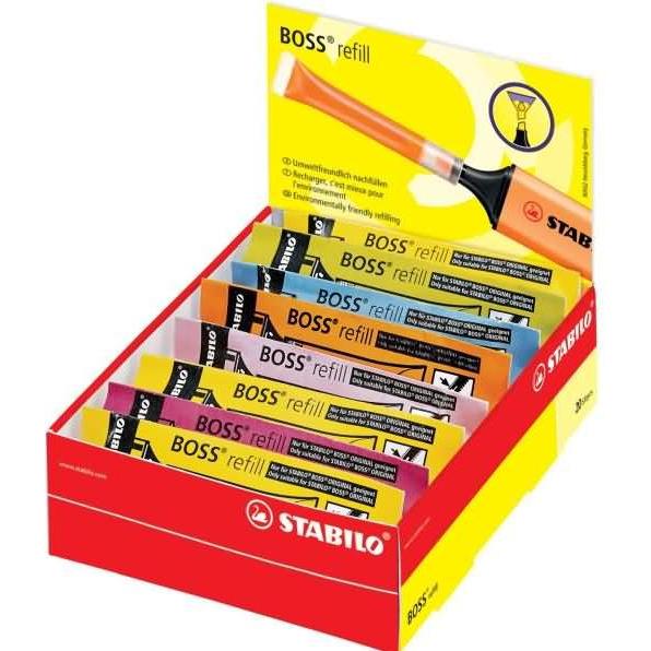 STABILO, Ersatzpatrone, Tinte zum Nachfüllen - BOSS ORIGINAL Refill - 20er Pack - mit 9 verschiedenen Farben (Nachfüllei...