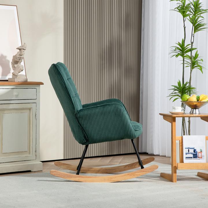 Image du produit Homcom Schaukelstuhl Kord (100% Polyester), Buchenholz, Stahl, Schaumstoff Dunkelgrün