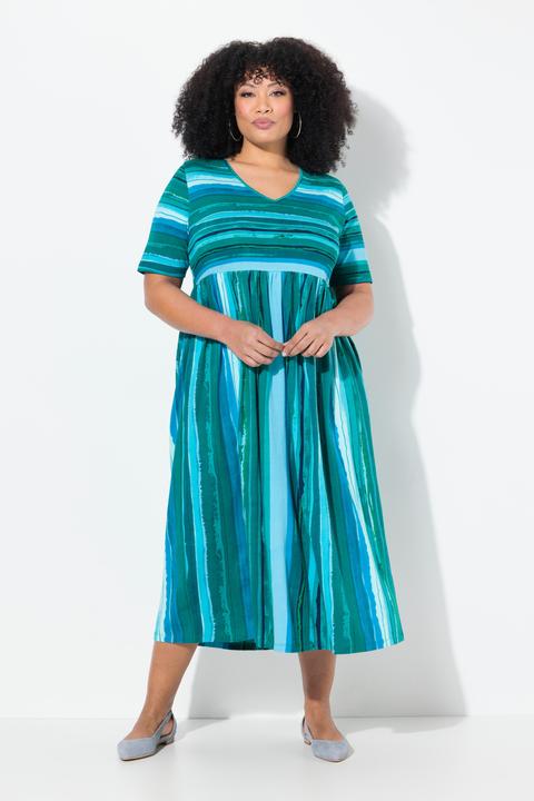 Produktbild Ulla Popken Jerseykleid, Streifenmix, A-Linie, V-Ausschnitt, Halbarm (56)