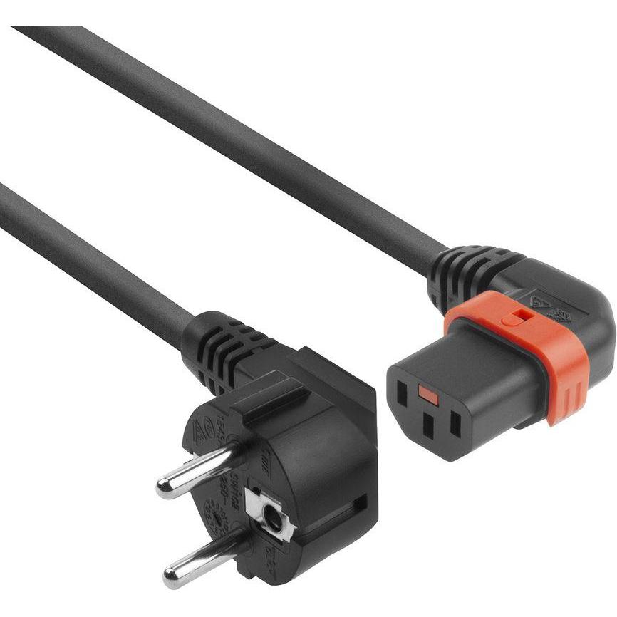 Iec Lock 230V Powercord CEE 7/7 male(angled) to C13 (left angled) lockable, black, 3 meter (3 m), Stromkabel