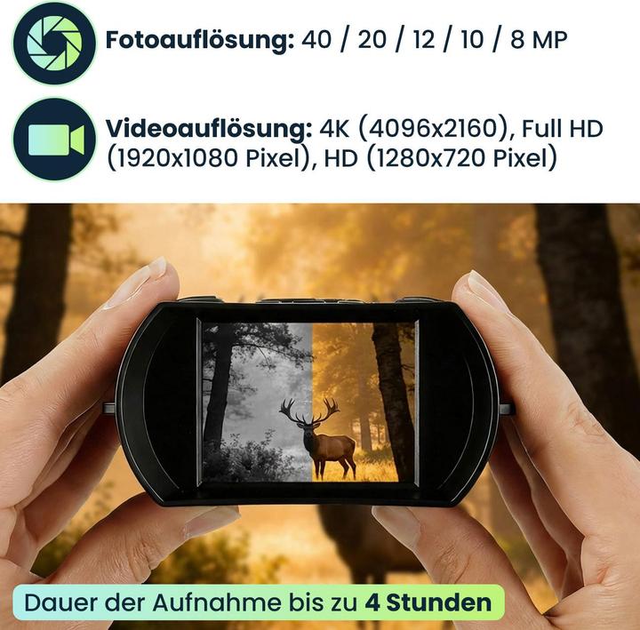Produktbild Ideoon Profi 4K Nachtsichtkamera Binokular: 500m IR-Digitalkamera für Jagd, Camping & Security
