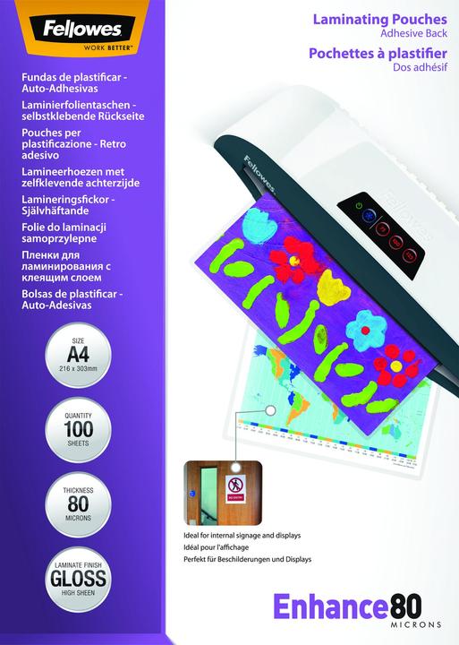 Produktbild Fellowes A4, 80 Mikron, selbsklebend (A4, 100 Stück, 80 µm)