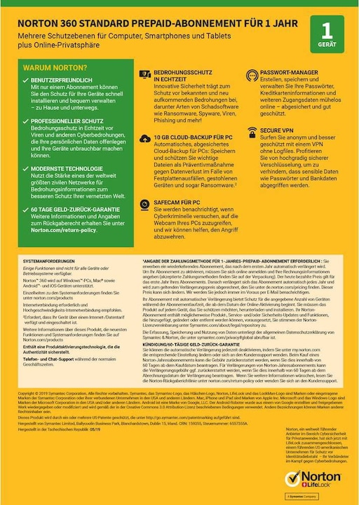 Produktbild Norton 360 Standard (1 User, 12 Monate)