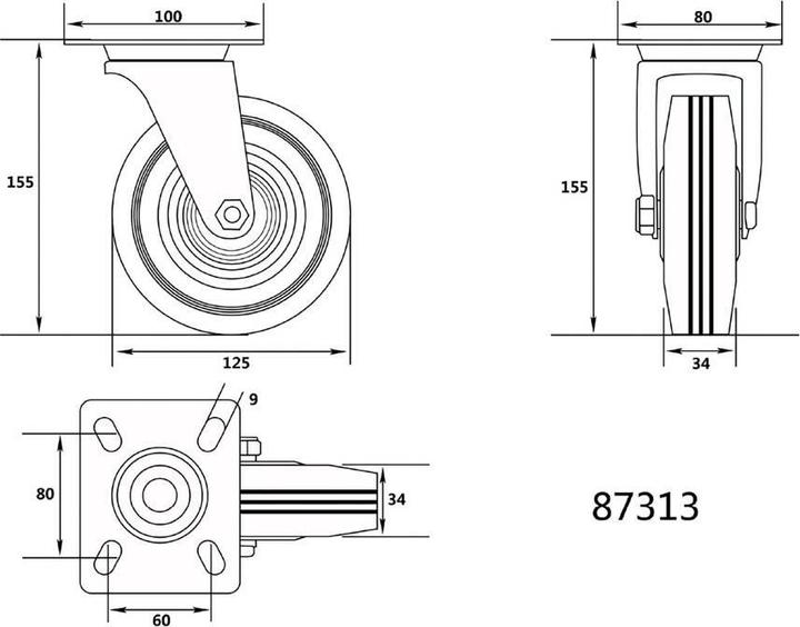 Productafbeelding Toya Vorel zwenkwiel met zwart rubber 125 mm 87313