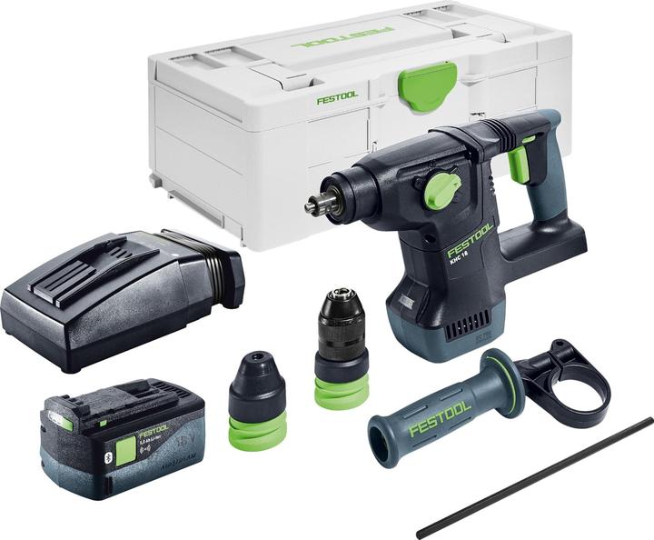 1x Festool KHC 18 EB marteau combiné sans fil, 1x mandrin C SDS KHC, 1x mandrin à serrage rapide KC 13 KHC, 1x poignée supplémentaire AH-50, 181 KHC, 1x butée de profondeur, 1x Festool BP 18 Li 5,0 ASI 18 V 5,0 Ah batterie, 1x Festool TCL 6 chargeur rapide, 1x Festool Systainer³ SYS3 L 187