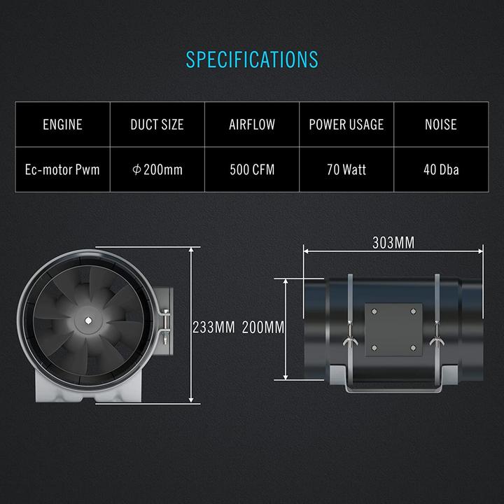 Produktbild Aygrochy 200mm Inline Rohrventilator mit Speed Kontrolleur