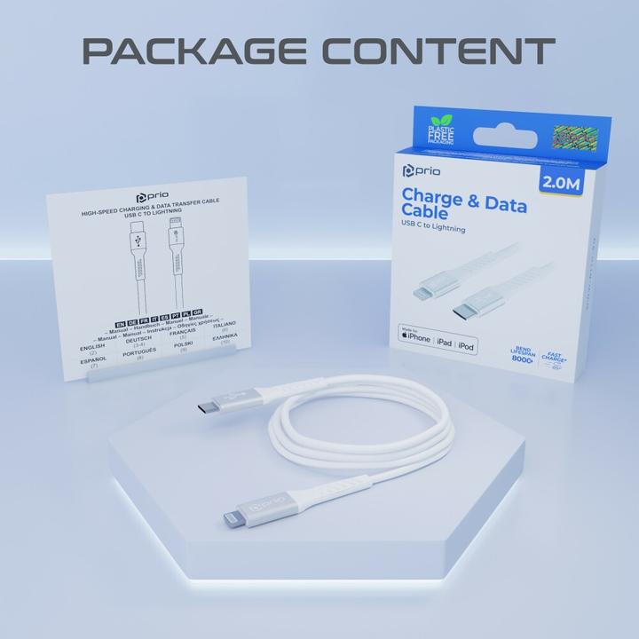 Produktbild prio Lade- Charge & Sync USB C auf Lightning Mfi -zertifiziert 2 m weiss (2 m, USB 2.0)