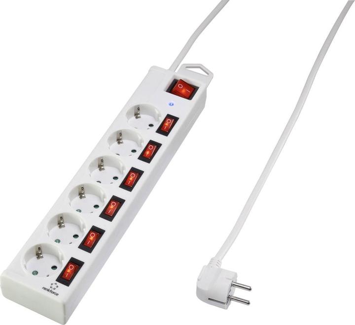 Produktbild Renkforce Überspannungsschutz-Steckdosenleiste 6fach Weiss Schutzkontakt (6x, CEE 7/3, 1.50 m)