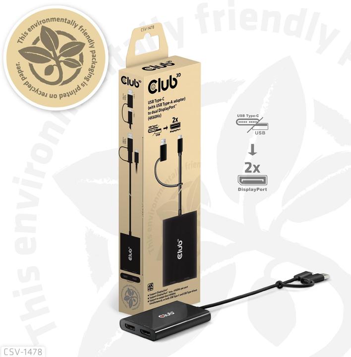 Produktbild Club 3D Club3D Adapter USB-C > 2x DP 4K@60Hz mit USB-A Adapter St/Bu retail (USB-A, 27.50 cm)