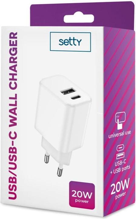 Image du produit Setty chargeur 1x USB + USB-C 3A 20W blanc (20 W, 2 ports)