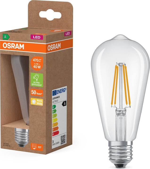 Actual product image Osram LED Classic Edison 40 Filament Energy efficiency class A 2.2W 827 Clear E27 (E27, 470 lm, 1x)