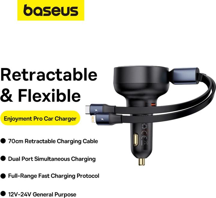 Baseus Car Charger Enjoyment USB-C with USB-C cable and Lightning  60W