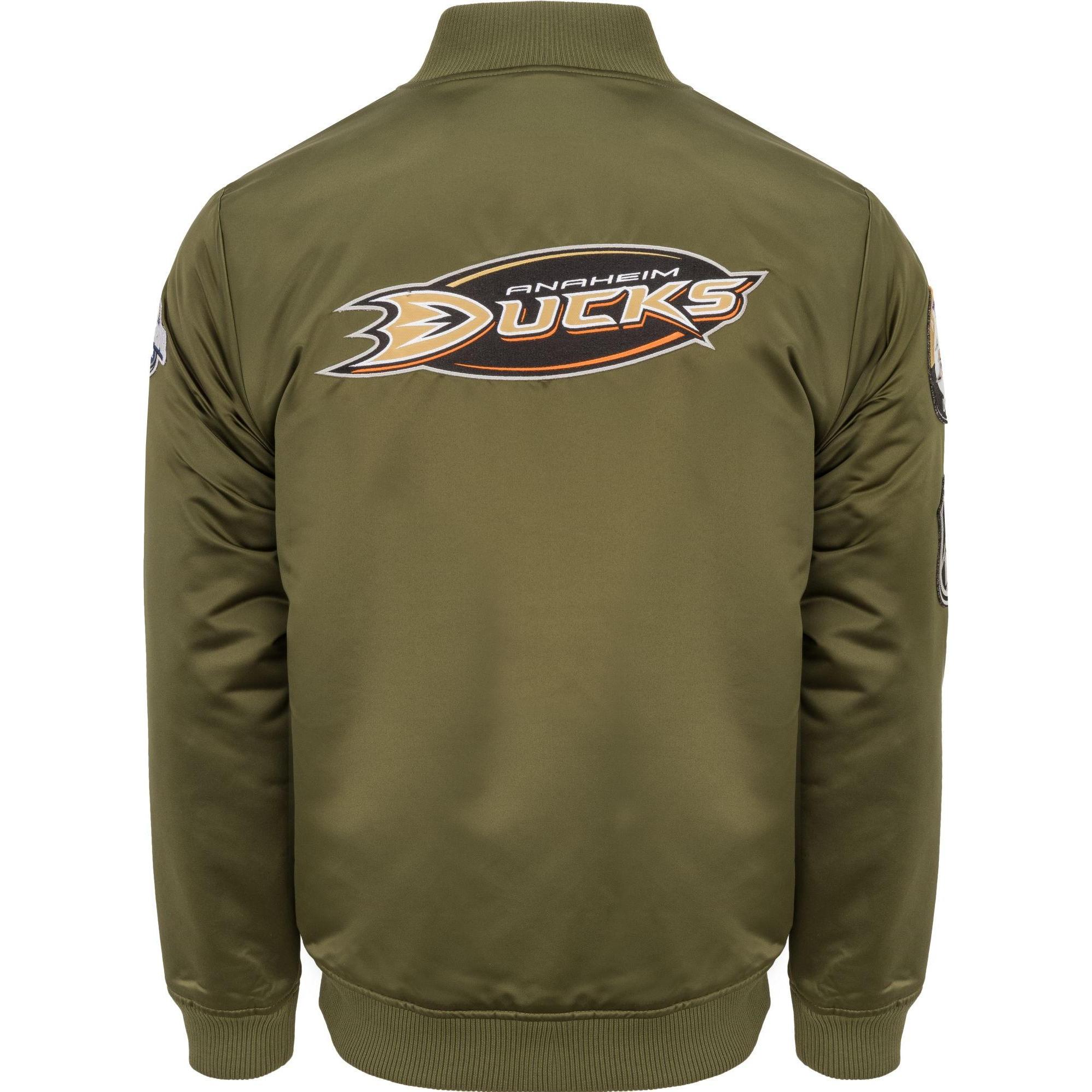Thumbnail - Mitchell & Ness, Herren, Jacke, M&N Satin Bomber Jacke - PATCHES Anaheim Ducks oliv - M (M), Grün, M