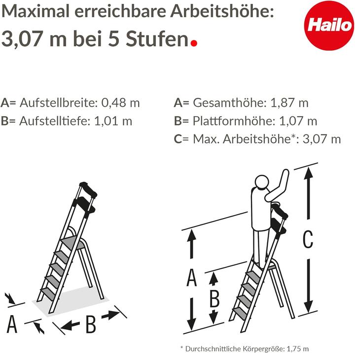 Produktbild Hailo L100 TopLine, Alu-Sicherheits-Stehleiter, 5 Stufen (Stehleiter, 101 cm)