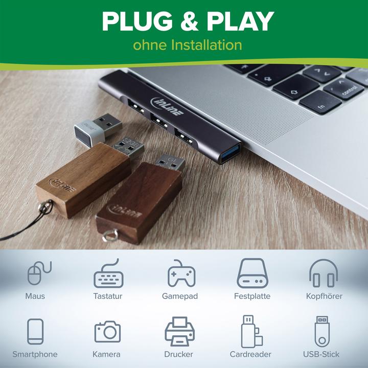 Actual product image InLine Slim USB-C hub, 4-port, USB 3.0 + 3x USB 2.0, slim design (USB-C, 4 Ports)