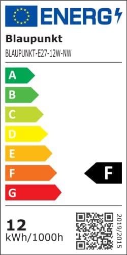 Energie-Label Blaupunkt LED E27 Glühbirne - 12W - Neutralweiss 4000K - Led Lampen - 4-er Pack (E27, 12 W, 1260 lm, 4 x, F)