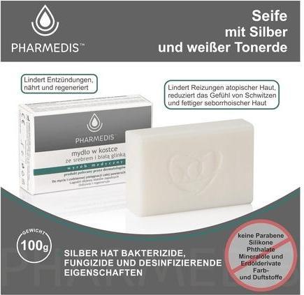 Actual product image Pharmedis Natural Solid with Silver and White Clay - Cosmetic Bar (Hard soap)
