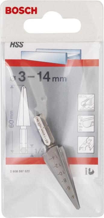 Produktbild Bosch Professional Zubehör Blechschälbohrer HSS, Sechskantschaft, 3 - 14 mm, 60 mm, 1/4-Zoll (3 - 14 Millimeter)