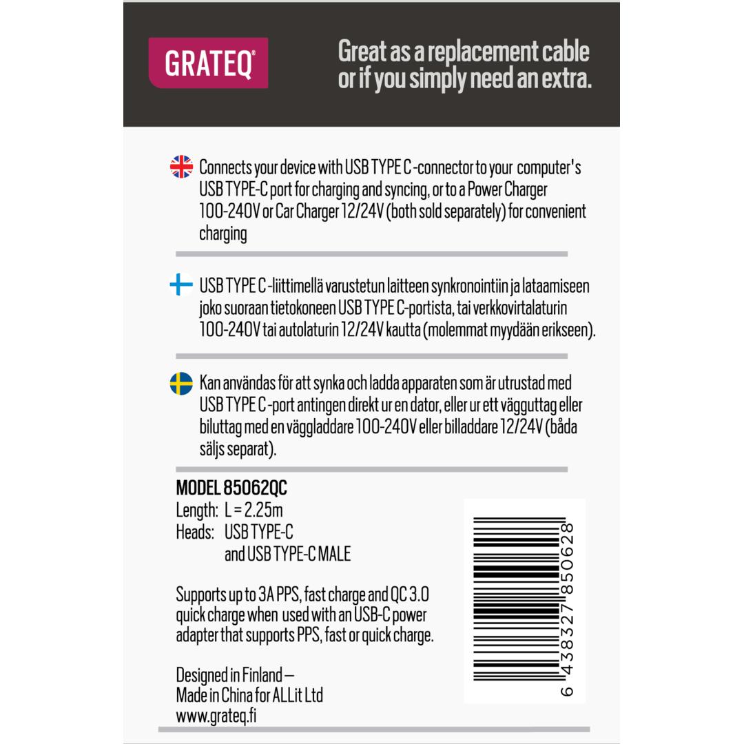 Thumbnail - Screenor GRATEQ USB-C USB-C CBL QUICK 2.25M BLACK (2.25 m, USB 2.0), USB Kabel