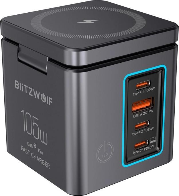 BlitzWolf BW-i113 GaN, USB-A, 3xUSB-C, 105W mains charger (105 W, 6 ports)