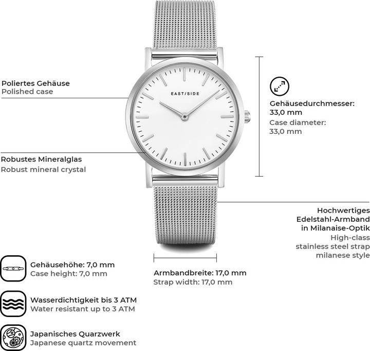 Produktbild Eastside Damen Quarzuhr Cassina Edelstahl silber - 9736 (Analoguhr, 33 mm)