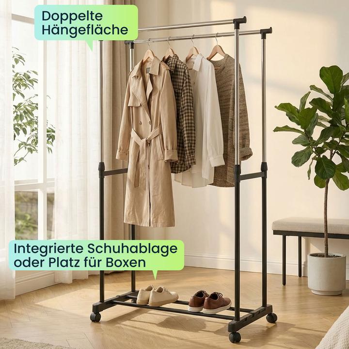Produktbild Ideoon Mobiler Kleiderständer mit Doppel-Kleiderstange - 80 cm Breite - Höhenverstellbar von 90 bis 160 cm