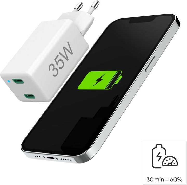 Actual product image Hama Quick Charger, 2x USB-C, PD/Qualcomm®, Mini Charger, 35 W, White (35 W, 2 ports)