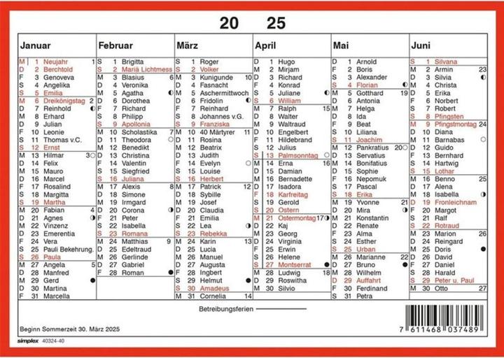 Valeurs nutritives et ingrédients Simplex Wandkalender m.Namenstag (A5)