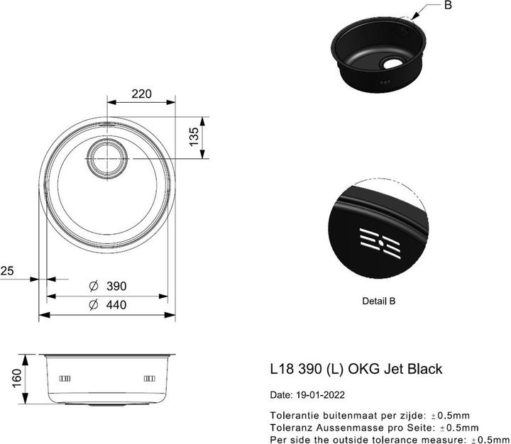 Productafbeelding Reginox Ronde spoelbak, roestvrijstalen spoelbak zwart L18 390 OKG Jet Black ⌀ 44 R34934 (Ingebouwde gootsteen, 44 cm)