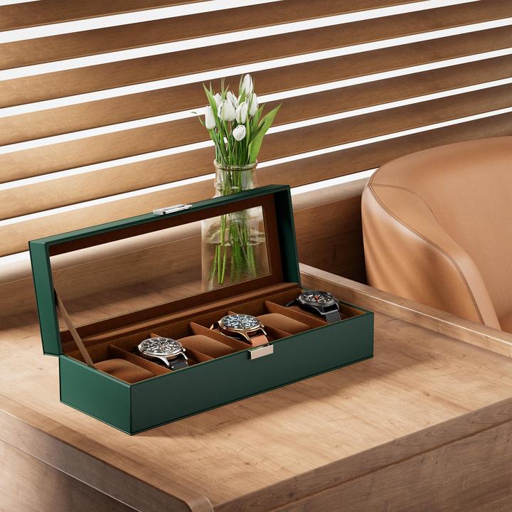 Produktbild Only-Bags.Store Uhrenbox mit 6 Fächern, Uhrenbox mit Glasdeckel, Uhrenkoffer mit Uhrenkissen, Uhrenaufbewahrung