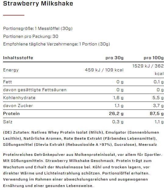 Nutritional values and ingredients Vast Sports AWhey - 100% Whey Protein Isolate, 900 g can (Strawberry, 1 x, 900 g)