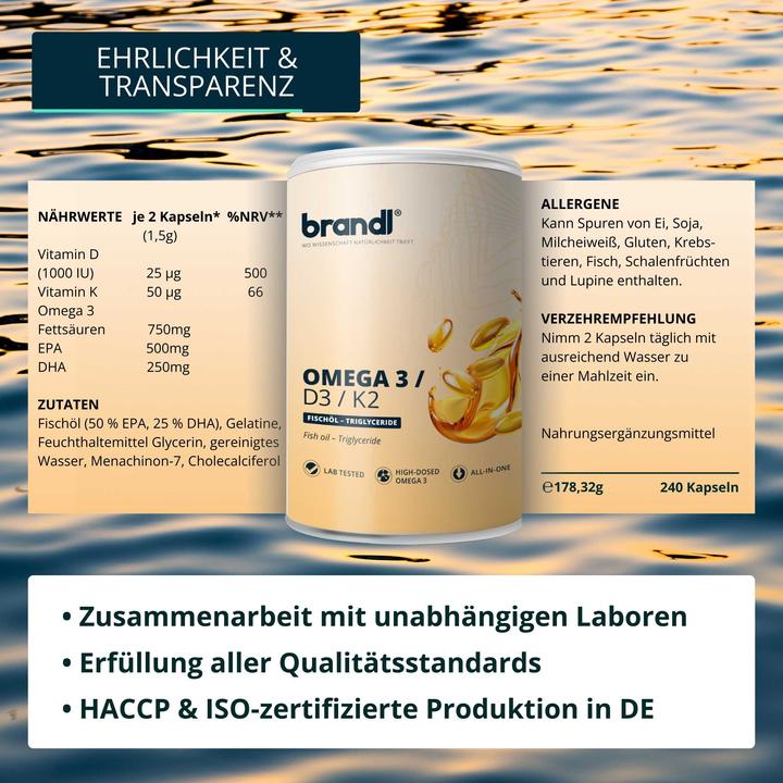 Valeurs nutritives et ingrédients Brandl Omega 3 + D3 K2 (1 pièce(s), Capsules, 180 g)