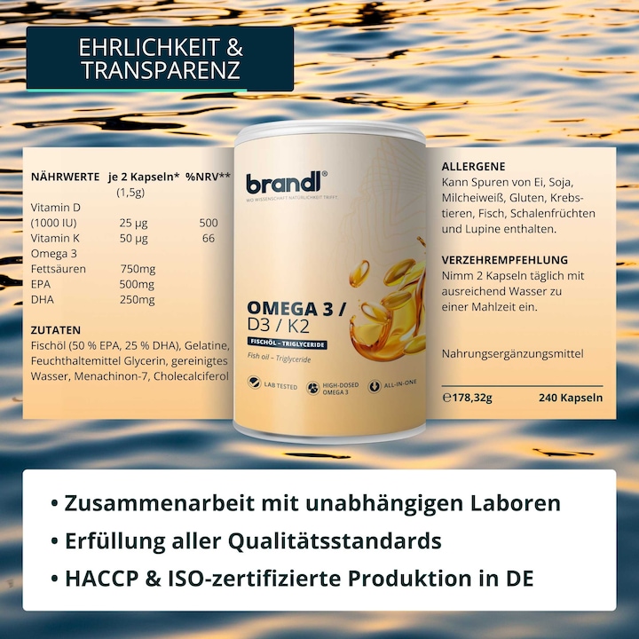 Nährwerte und Zutaten Brandl-Nutrition Omega 3 + D3 K2 (1 Stück, Kapseln, 180 g)