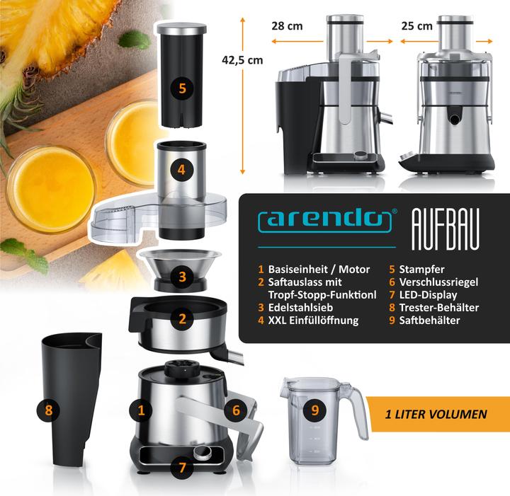 Actual product image Arendo Zentrifugalentsafter, Edelstahl, BPA Frei, 1000W, XXL-Einfüllschacht, Programme, Display, Tropfstopp