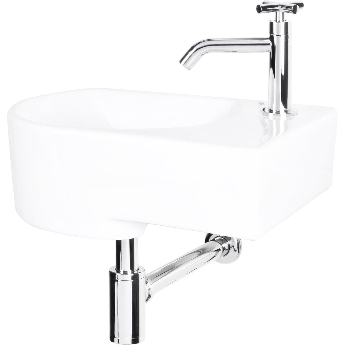 Differnz, Lavandino, Apollo Fonteinset - Wasbak Keramiek - Wit - Curved Kraan - Chroom - Kruisgreep - 41 x 27 x 14 cm (270 mm, 410 mm)