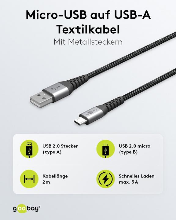 Immagine prodotto Goobay Cavo tessile da micro USB a USB-A con spine in metallo (grigio spazio/argento) 2 m, 2 m, nero-grigio (2 m, USB 2.0)