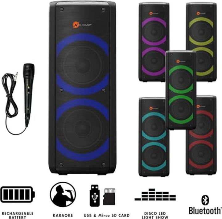 Immagine prodotto N-Gear Altoparlante Bluetooth Let's go party, sistema audio con microfono karaoke, LED da discoteca (8 h)