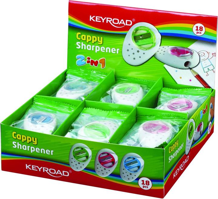 Actual product image Keyroad Cappy sharpener, plastic, single, with eraser, packed in display, mixed colours