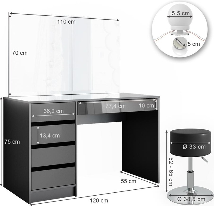 Produktbild Vicco Sherry mit Hocker und Beleuchtung (55 x 75 x 120 cm)