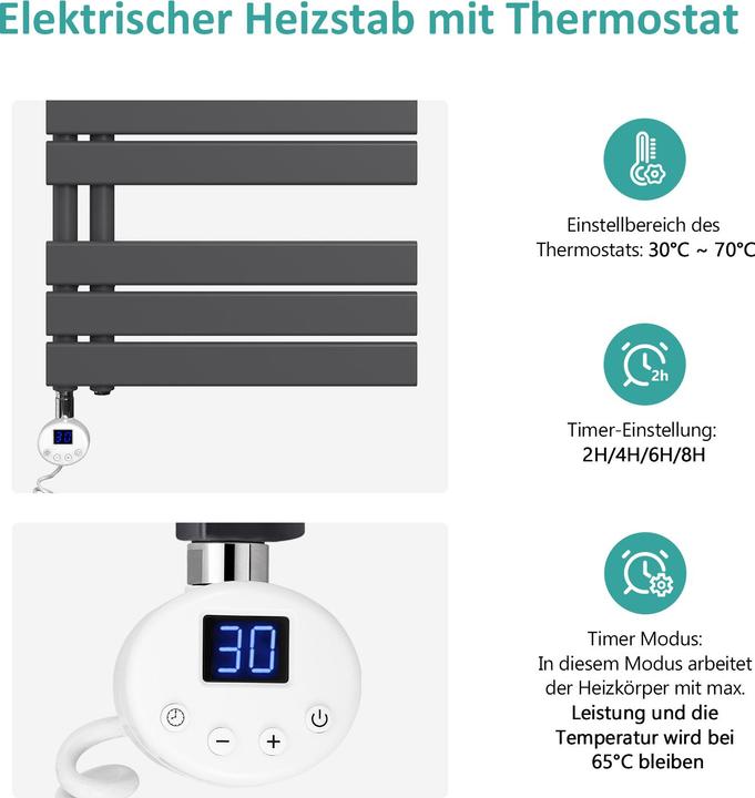 Produktbild Emke Elektrischer Handtuchwärmer mit Heizstab und Timer, Anthrazit 1320x400mm 600W (600 W)