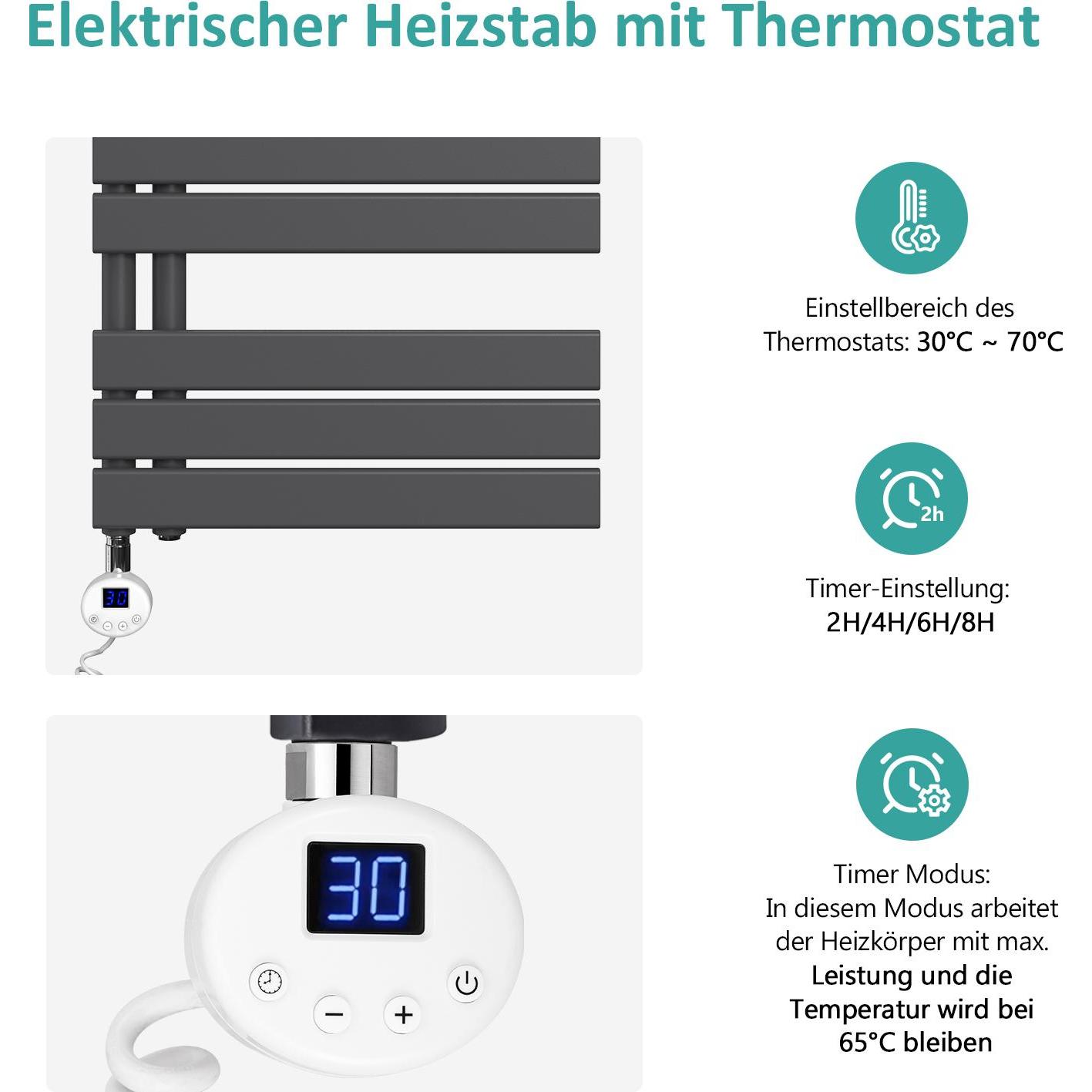 Thumbnail - Emke Elektrischer Handtuchwärmer mit Heizstab und Timer, Anthrazit 1041x500mm 600W, Heizkörper, Grau