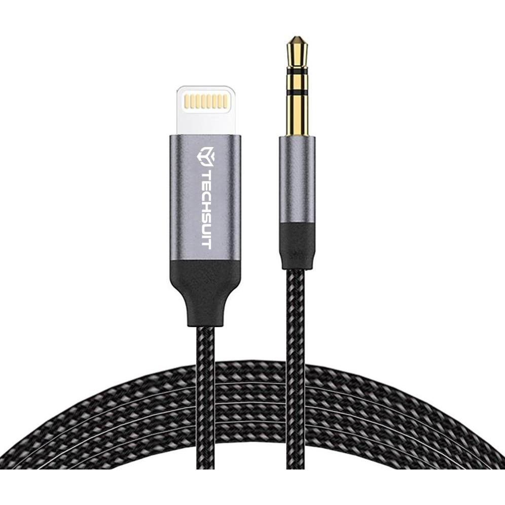 Techsuit - Premium Cable Adapter SoundShell (AC10) - iOS to 3.5mm Jack, 16bit/48Khz, 1.5m - Gray (1.50 m, Connettore da 3,5 mm (AUX)), Cavo audio