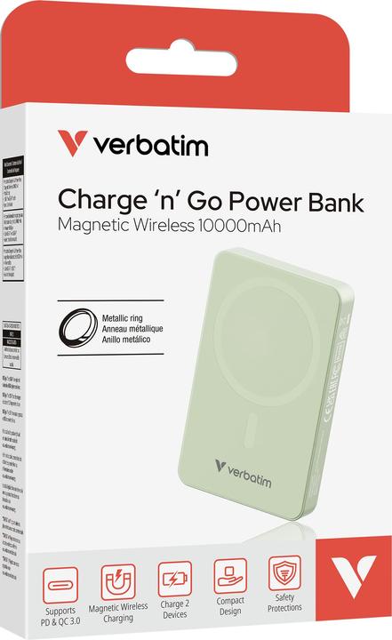 Produktbild Verbatim Charge 'n' Go Essentials Power Bank Magnetic Wireless 10000mAh Green (10000 mAh, 35 W, 37 Wh)