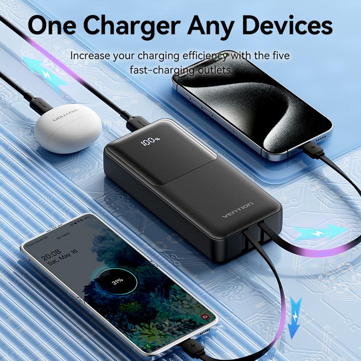 Image du produit Vention 20000mAh Power Bank (Micro-USB + USB-C + USB-A + USB-A) avec câbles USB-C et Lightning intégrés 22.